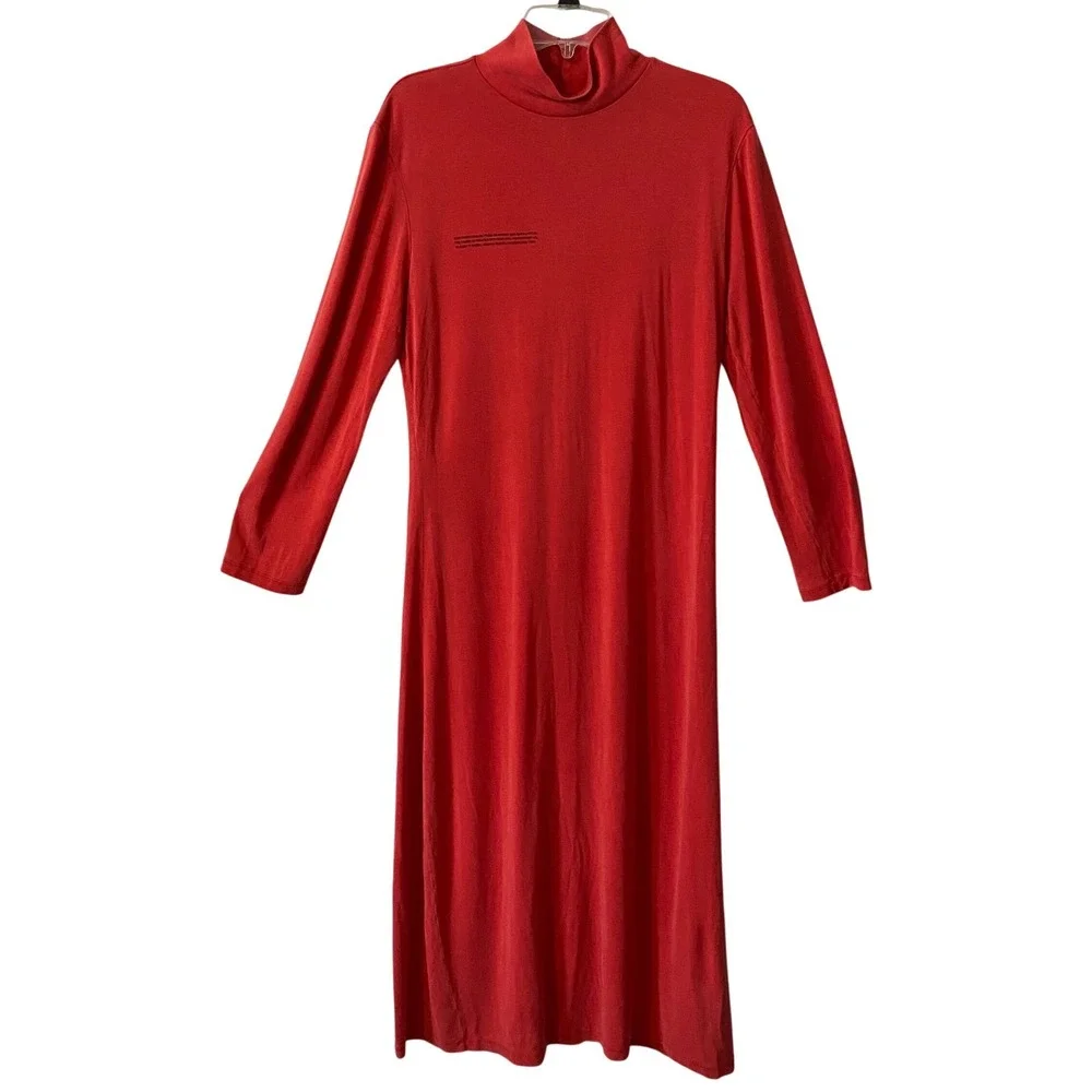 Pangaia Red Long‎ Sleeve Turtle Neck Midi Dress SeaCell Peppermint Treated Sz XL - Picture 2 of 9